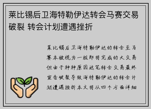 莱比锡后卫海特勒伊达转会马赛交易破裂 转会计划遭遇挫折